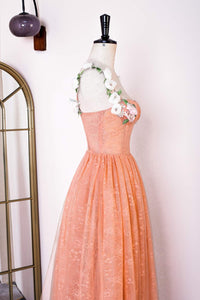 Orange Floral Straps A-line Embroidery Long Prom Dress