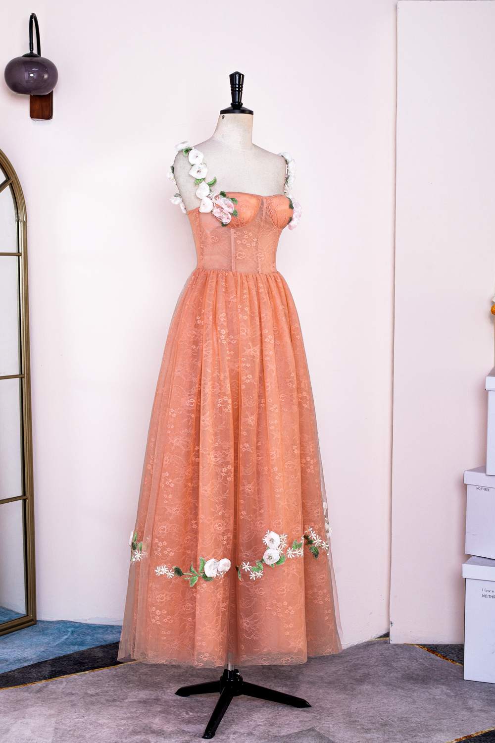 Orange Floral Straps A-line Embroidery Long Prom Dress