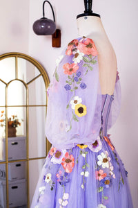 Lavender Puff Sleeves Floral Appliques A-line Long Prom Dress