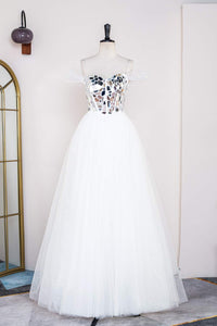 White Strapless Mirror-Cut Sequined Top A-line Long Prom Dress