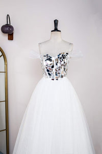 White Strapless Mirror-Cut Sequined Top A-line Long Prom Dress