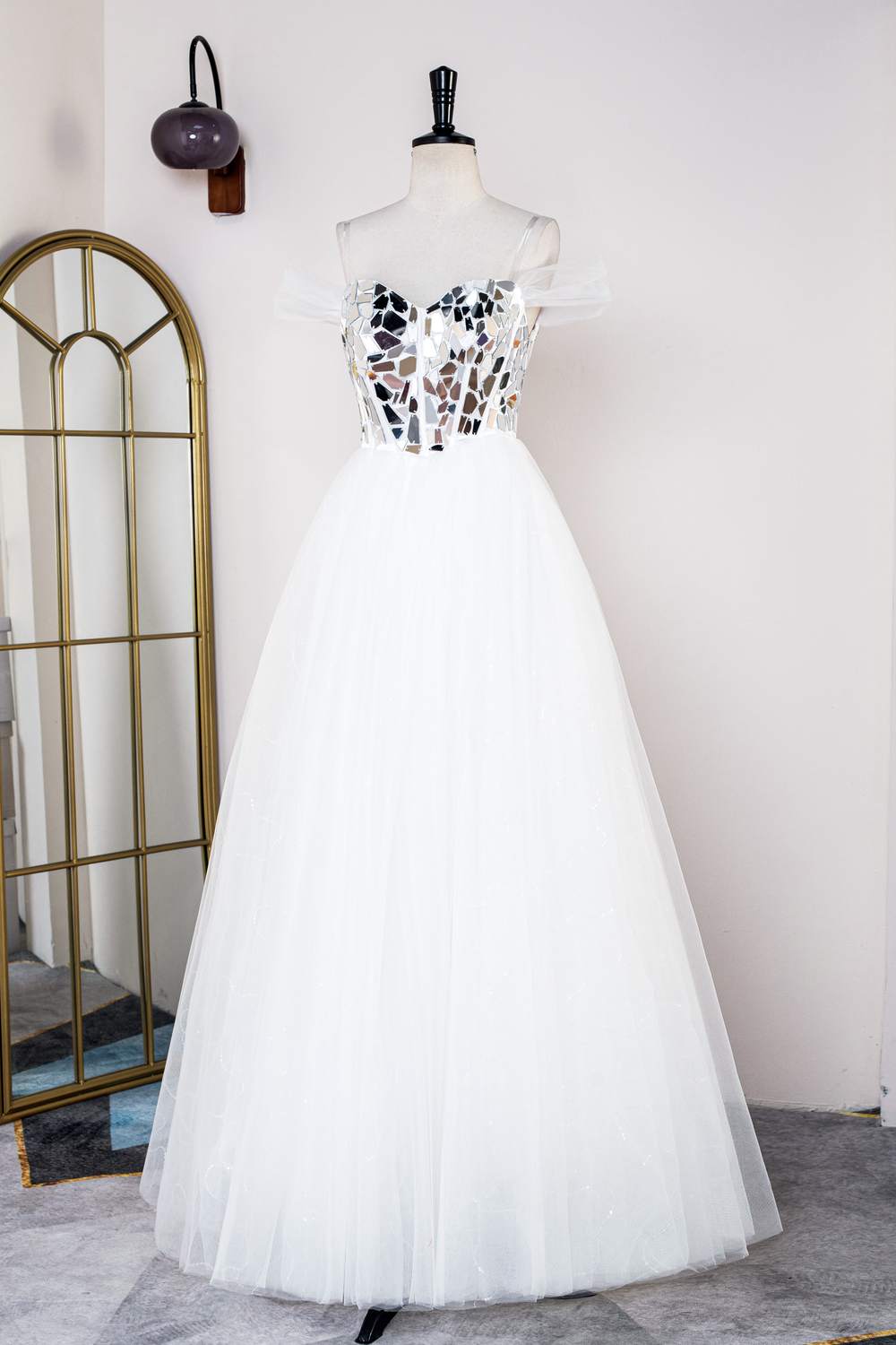 White Strapless Mirror-Cut Sequined Top A-line Long Prom Dress