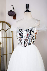 White Strapless Mirror-Cut Sequined Top A-line Long Prom Dress