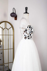 White Strapless Mirror-Cut Sequined Top A-line Long Prom Dress
