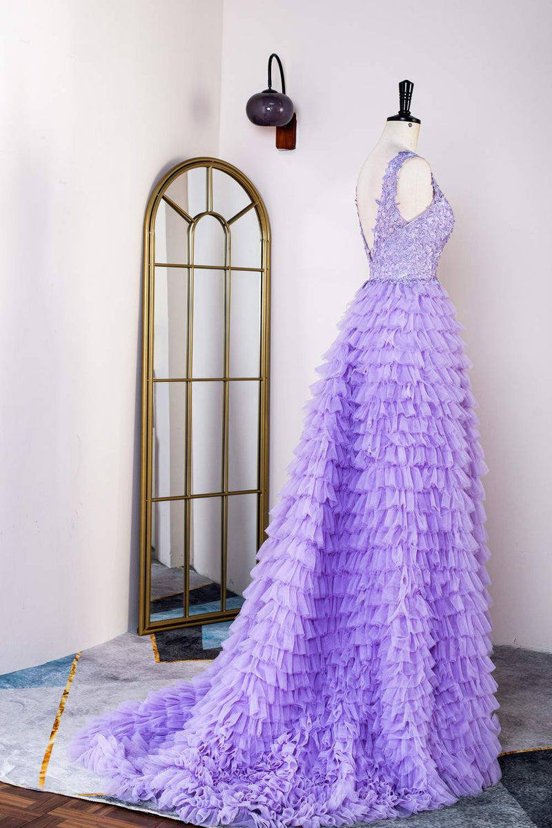 Lavender Plunging V Neck Appliques Layers Long Prom Dress with Slit
