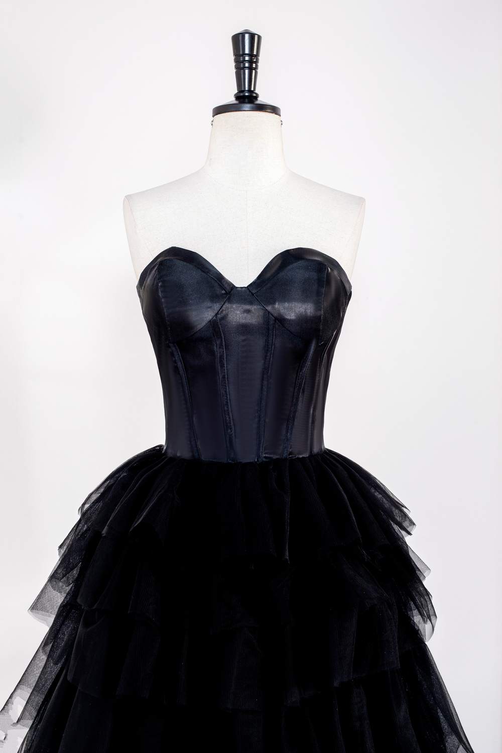 Black Strapless Leather Top Layers Long Prom Dress