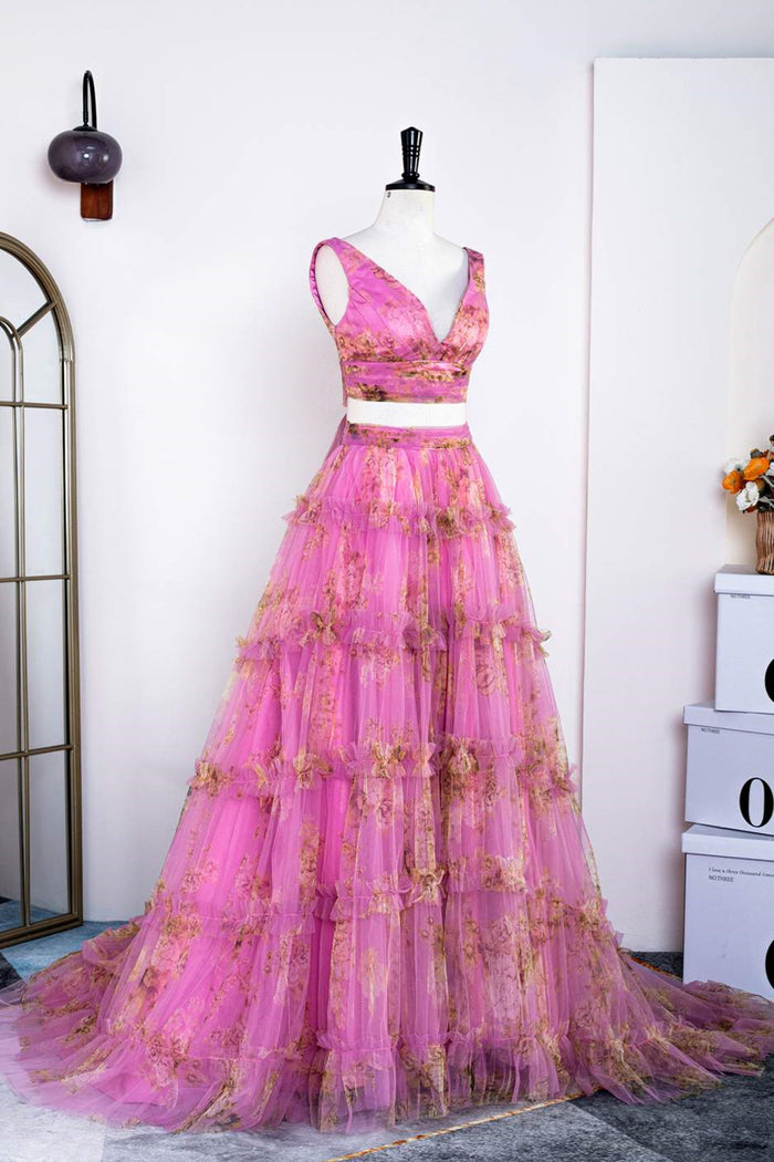 Pink Floral Two-Piece Ruffled Bow Tie Back A-line Long Prom Dress