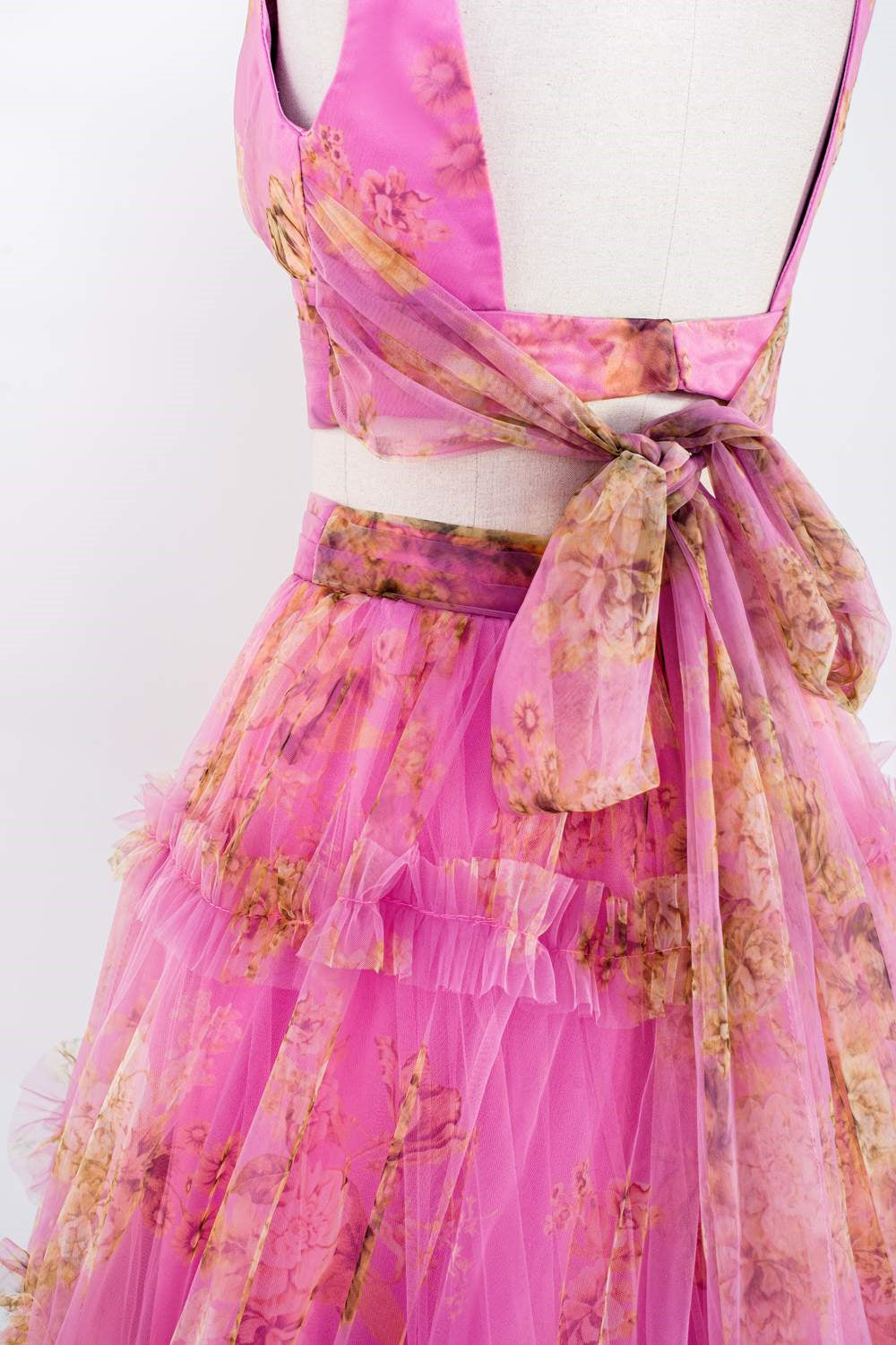 Pink Floral Two-Piece Ruffled Bow Tie Back A-line Long Prom Dress