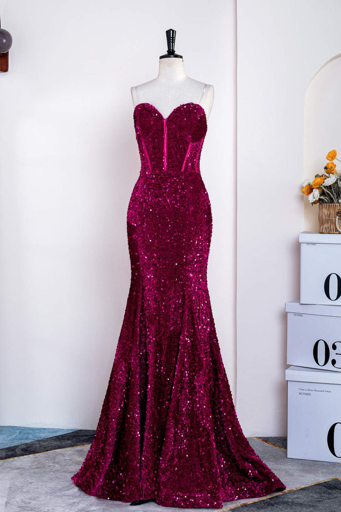 Hot Pink Sequin Rhinestones Strapless Mermaid Long Prom Dress – Dreamdressy