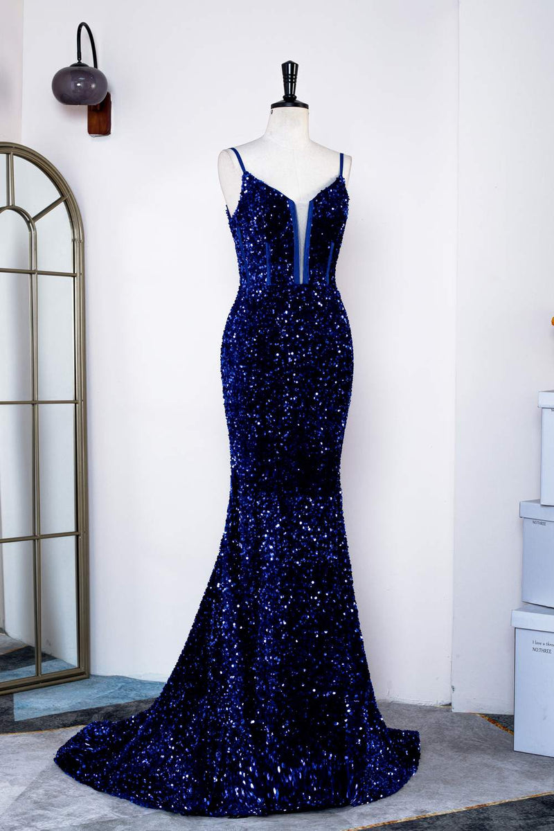 Royal Blue Sequins Spaghetti Straps Mermaid Long Prom Dress
