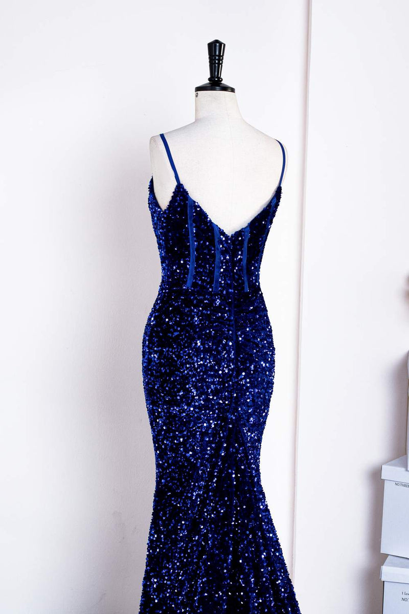Royal Blue Sequins Spaghetti Straps Mermaid Long Prom Dress