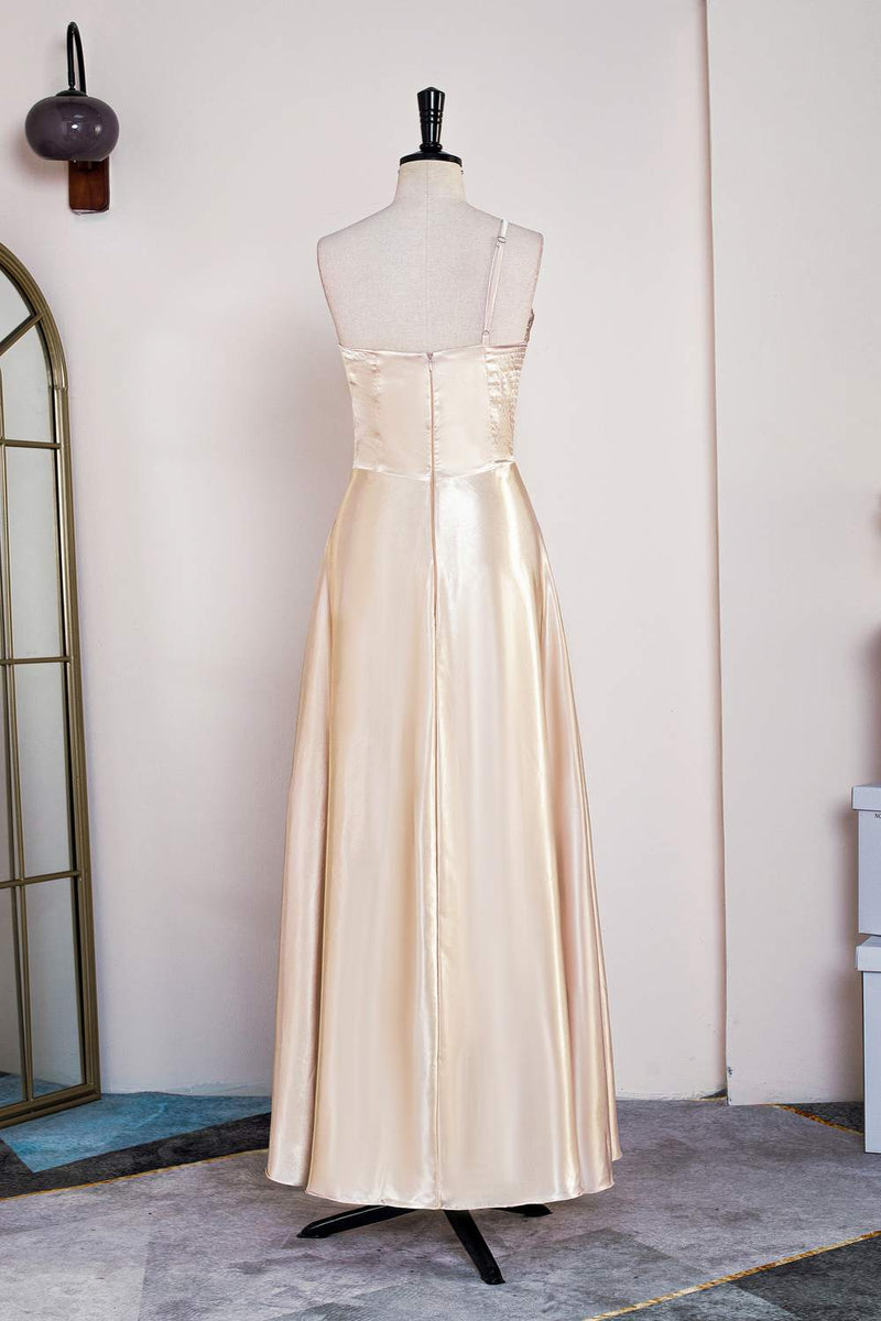 Champagne One Shoulder A-line Satin Tea Length Bridesmaid Dress