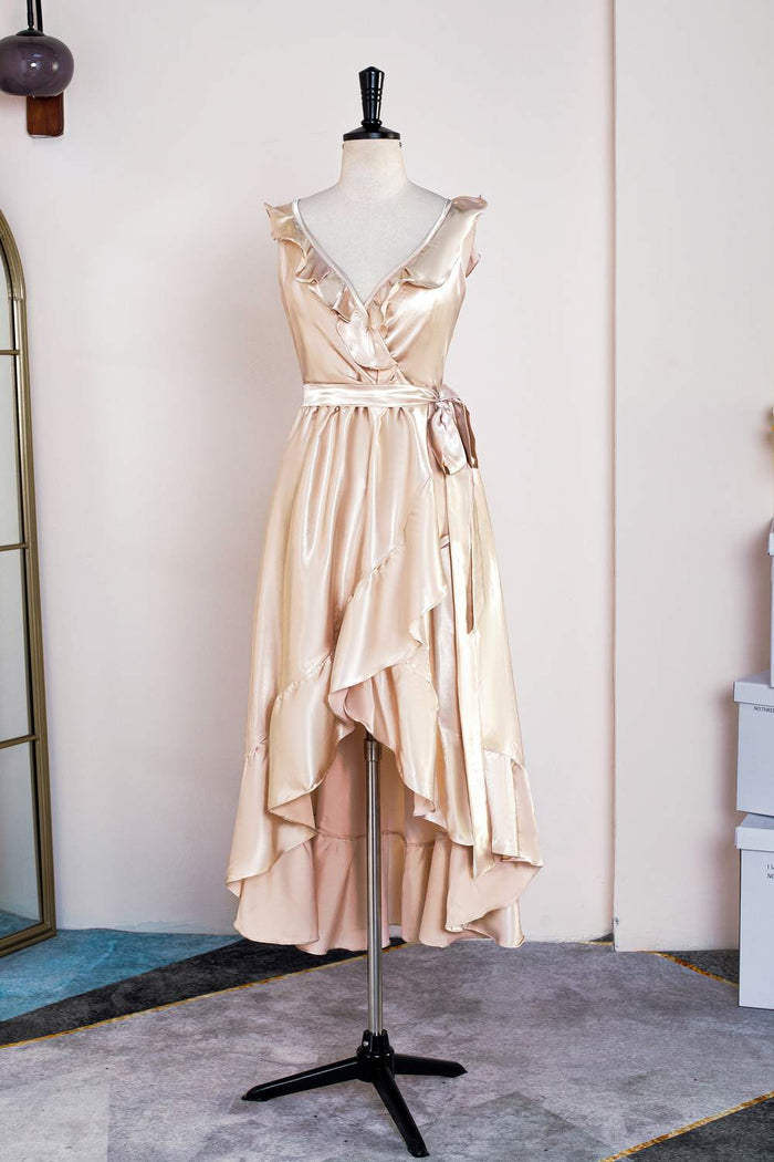 Champagne Ruffled Faux-Wrapped A-line Hi-Low Bridesmaid Dress with Sash