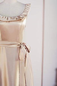 Champagne Sleeveless Ruffled A-line Tea-Length Bridesmaid Dress with Sash