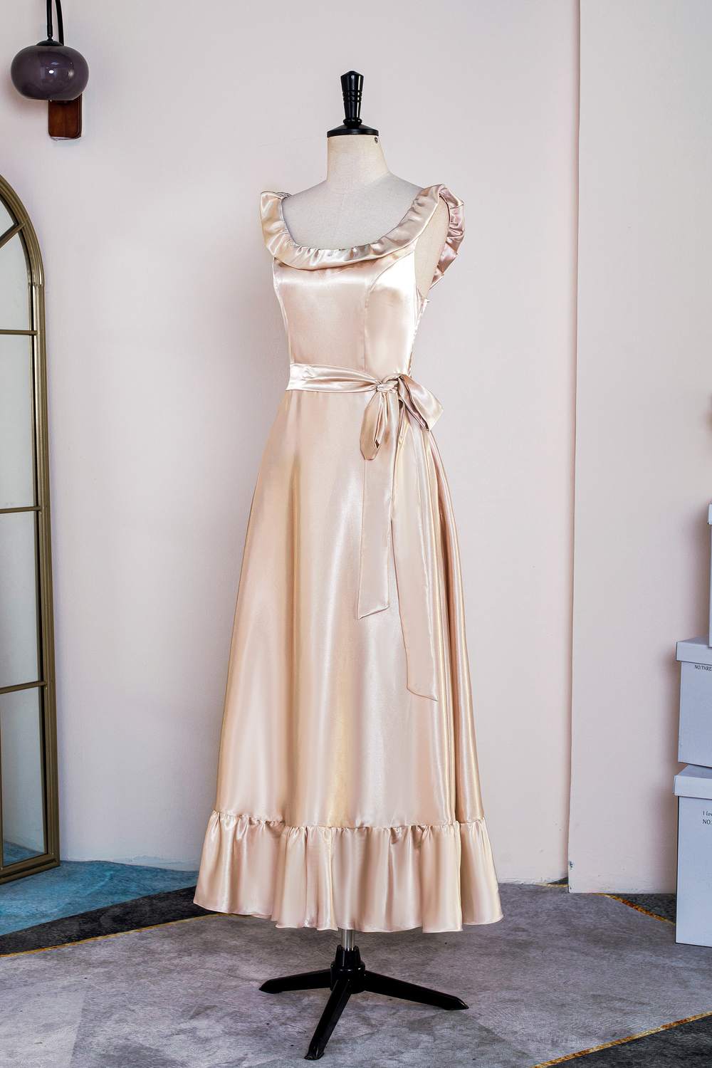 Champagne Sleeveless Ruffled A-line Tea-Length Bridesmaid Dress with Sash