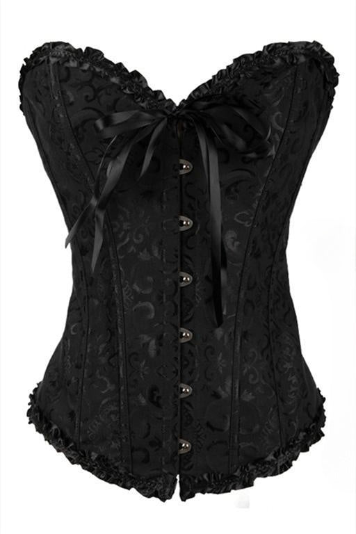 Black Floral Ruffled Strapless Lace-Up Bustier Corset Top