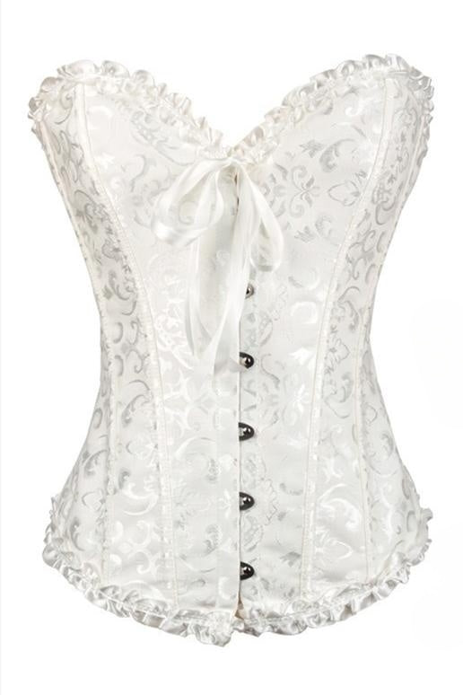White Floral Ruffled Strapless Lace-Up Bustier Corset Top