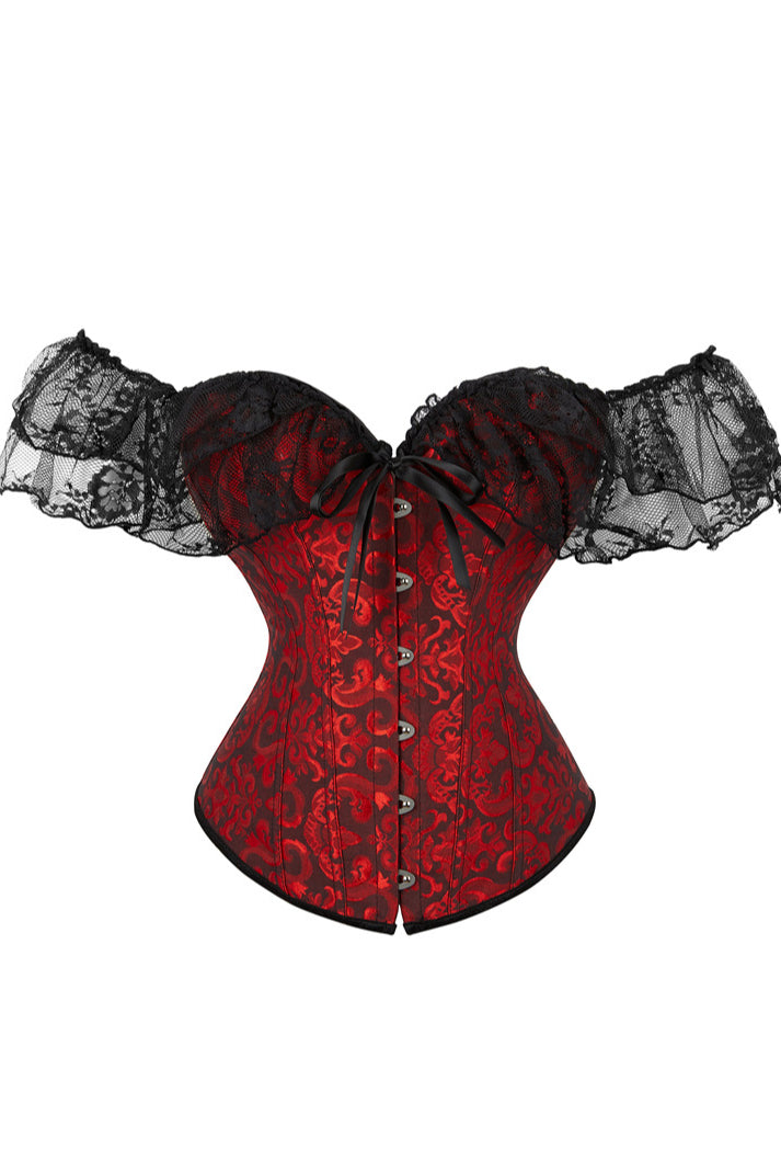 Wine Red Lace Off-the-Shoulder Lace-Up Bustier Corset Top