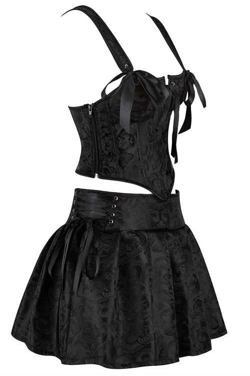 Black Straps Floral Prints Lace-Up Bustier Corset Top with Skirt