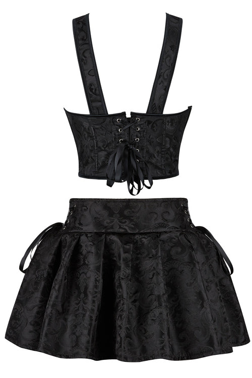 Black Straps Floral Prints Lace-Up Bustier Corset Top with Skirt