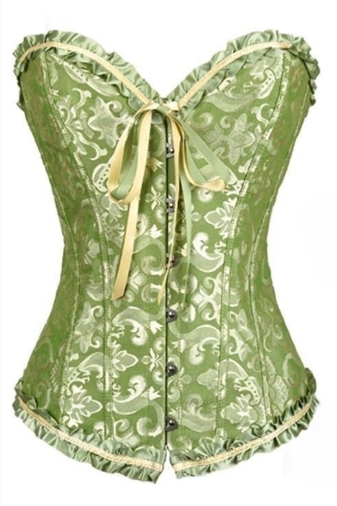 Green Floral Ruffled Strapless Lace-Up Bustier Corset Top