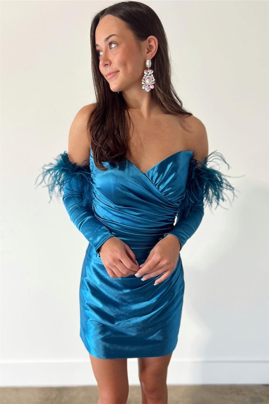 Teal Strapless Surplice Satin Homecoming Dress with Feathered Sleeves