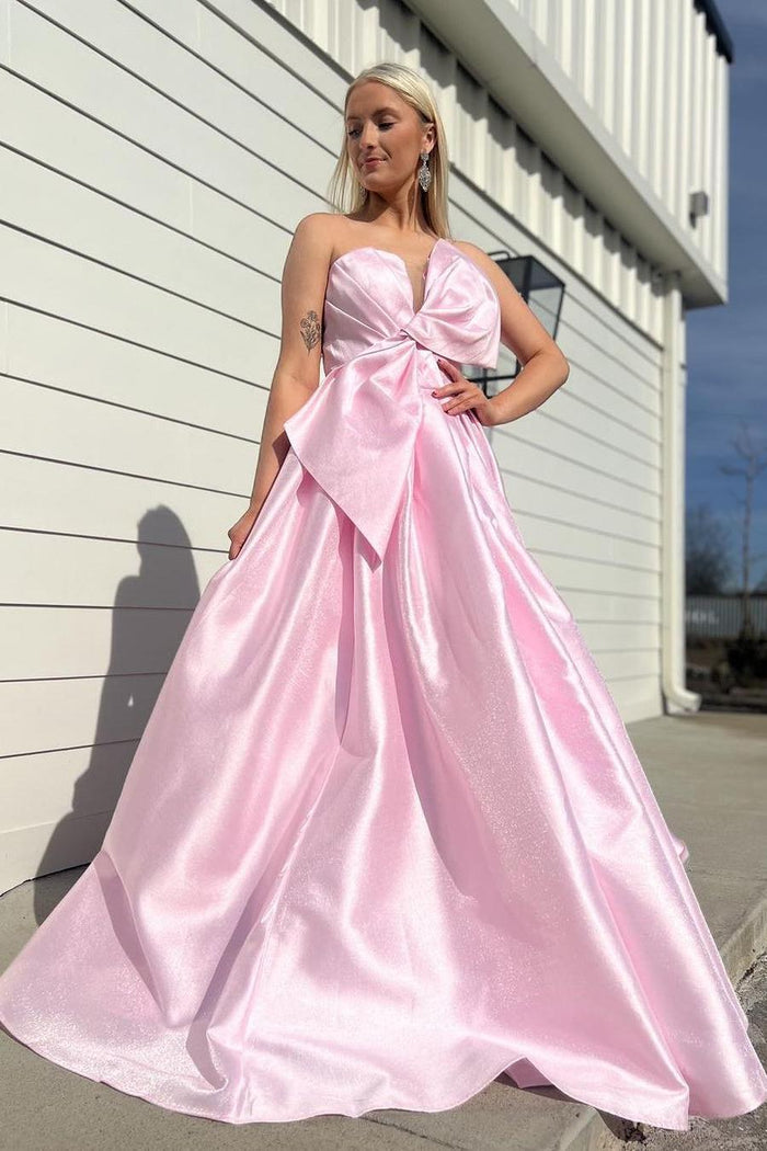 Strapless Pink Satin A-line Long Formal Dress