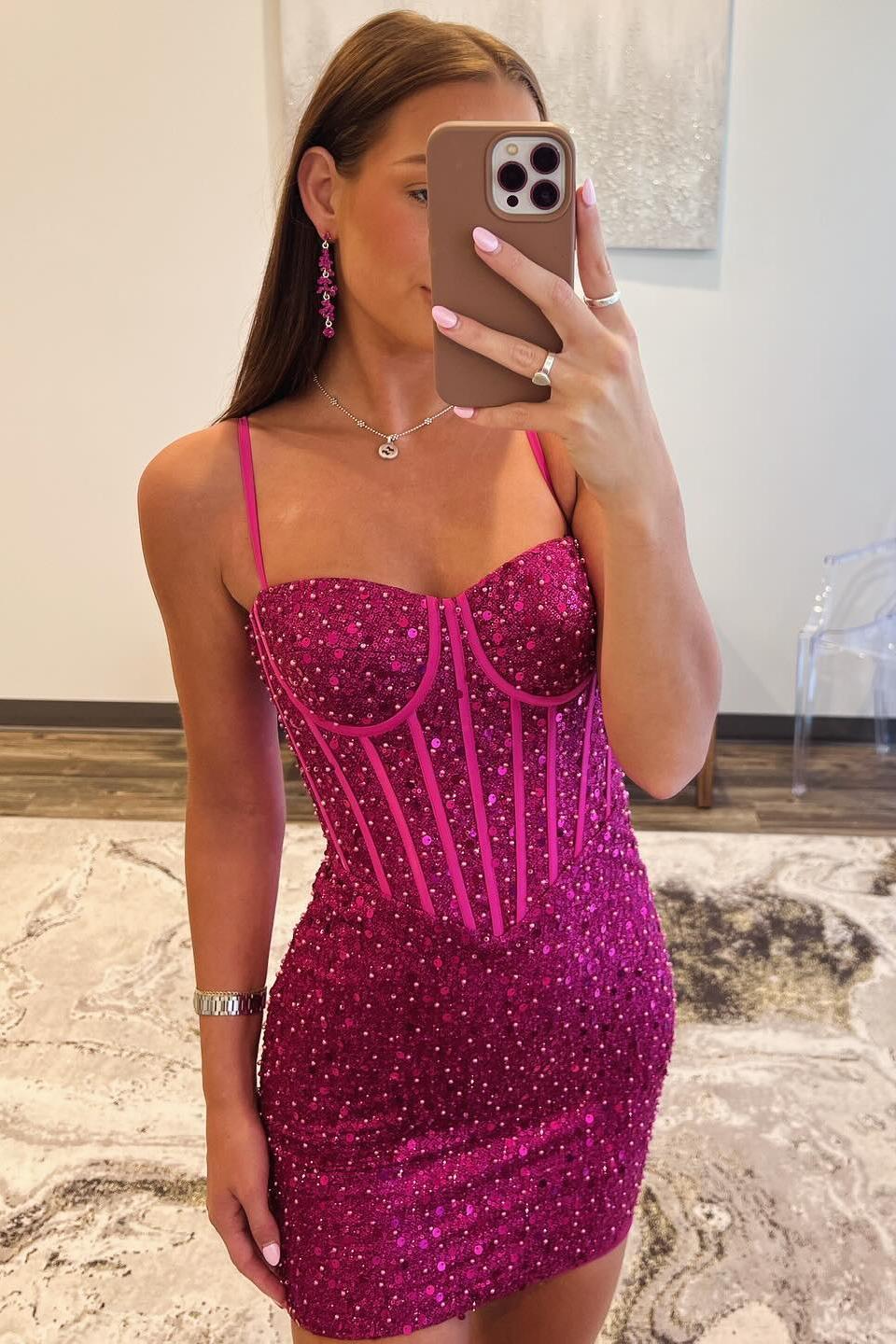 Fuchsia Sequin Tight Mini Party Dress