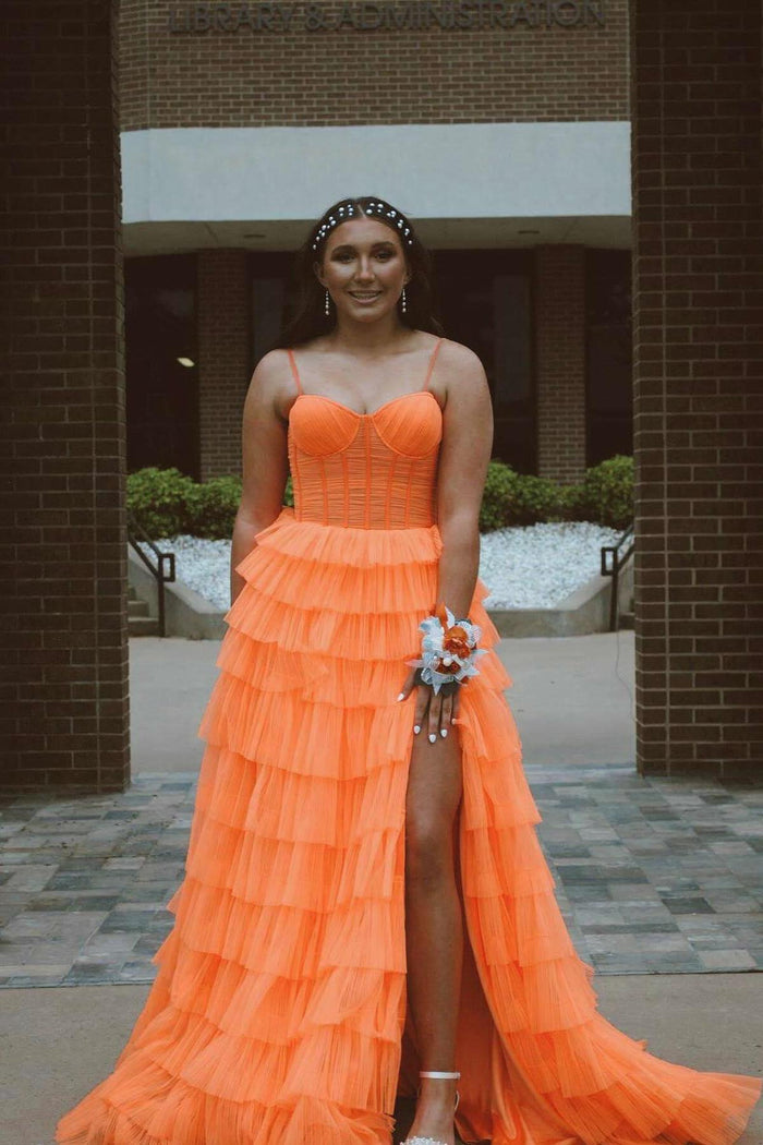 Straps Orange Tulle Corset Tiered Ruffle Long Formal Dress