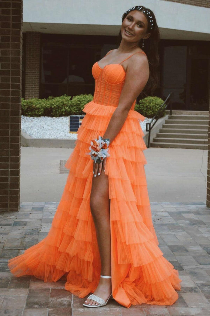 Straps Orange Tulle Corset Tiered Ruffle Long Formal Dress