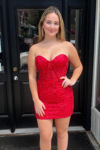 Sweetheart Red Sequin Tight Mini Party Dress