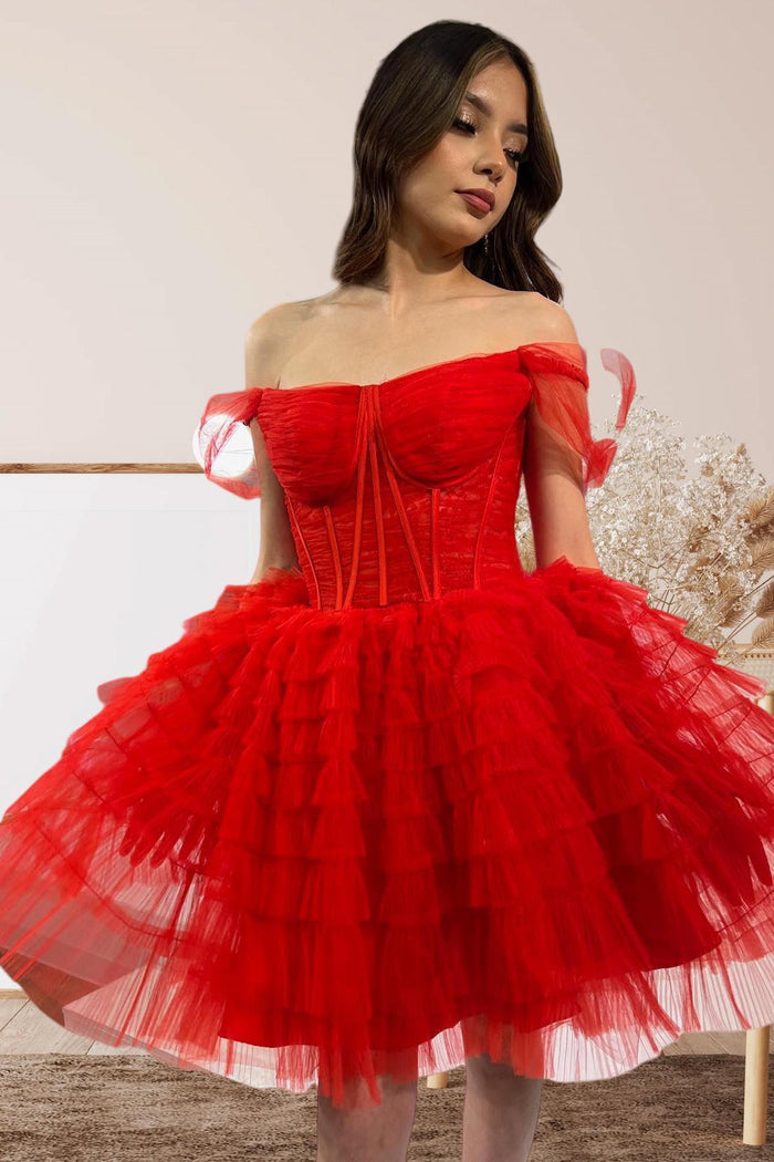 Off the Shoulder Red Corset A-line Ruffle Short Party Dress