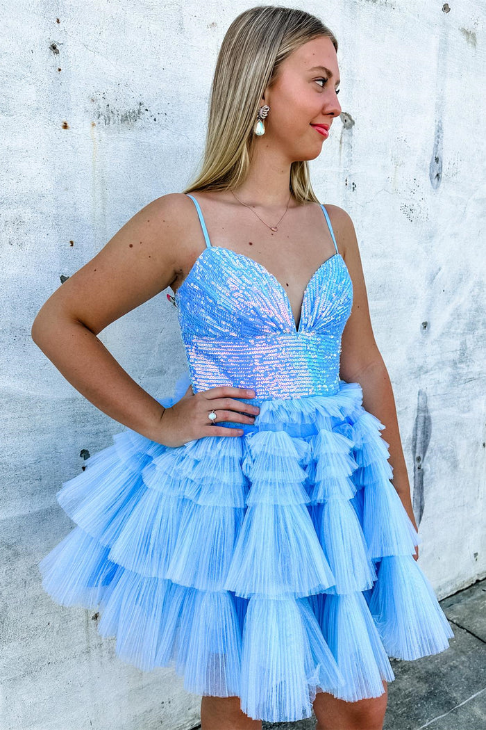 Sky Blue V Neck Sequins Top A-line Multi-Layers Homecoming Dress