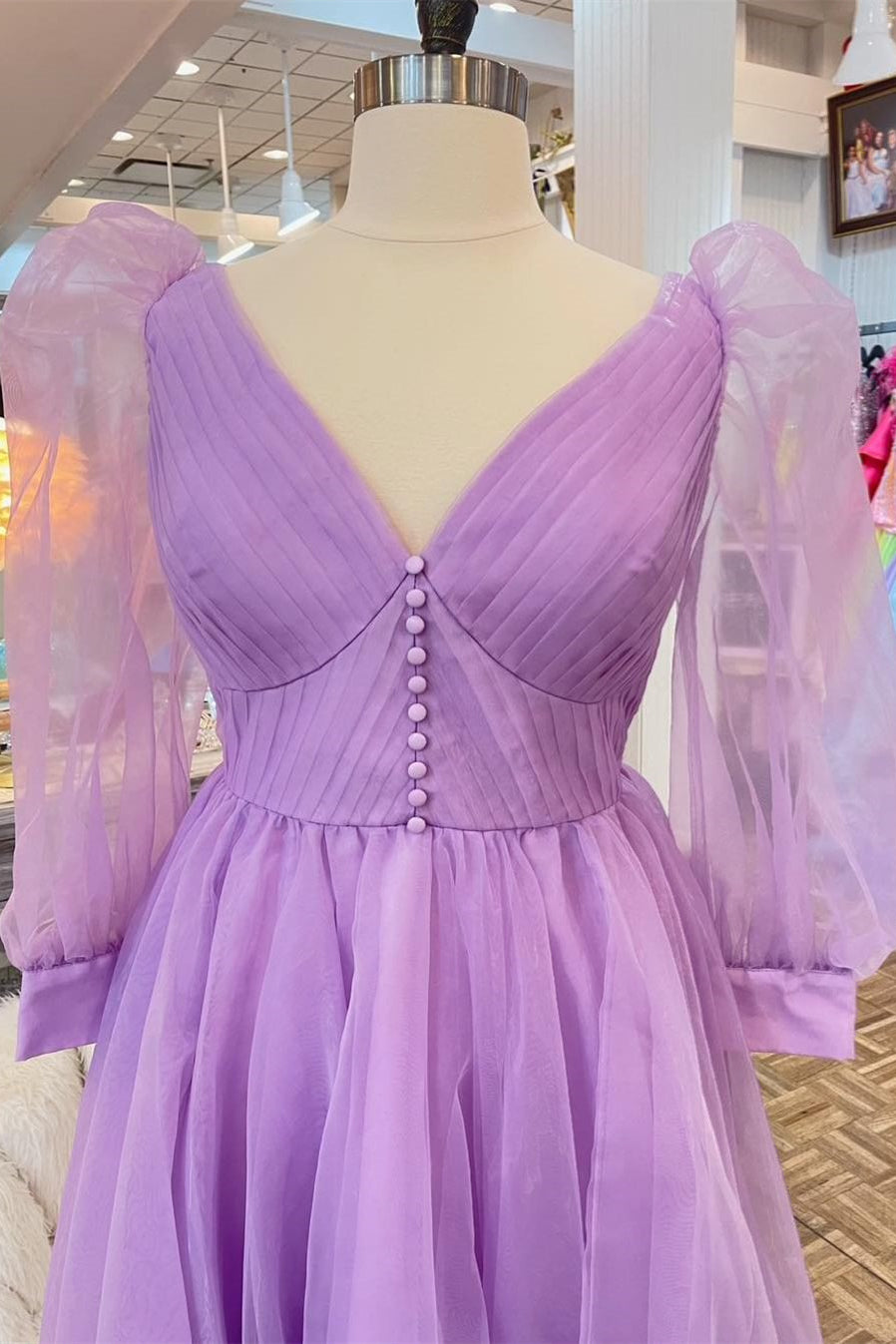 Lavender Tulle V Neck Illusion Neck Pleated Long Prom Dress