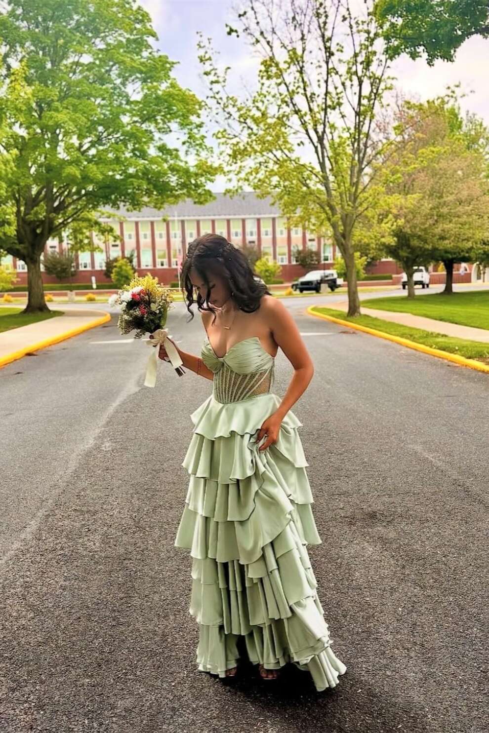 Corset Sage Beaded A-line Tiered Ruffle Formal Dress