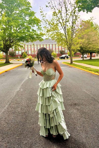 Corset Sage Beaded A-line Tiered Ruffle Formal Dress