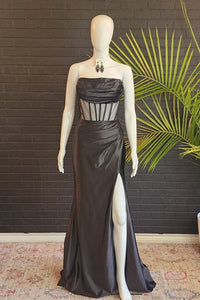 Black Strapless Mermaid Satin Long Prom Dress with Slit