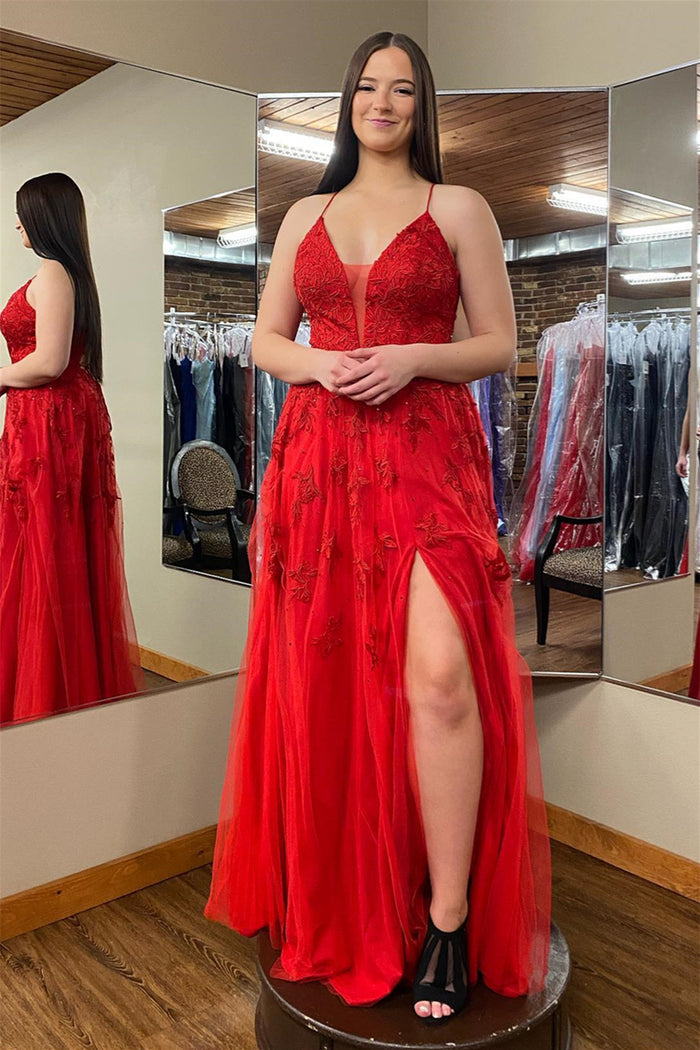 Red Plunging V Neck Floral Appliques Slip Long Prom Dress with Slit