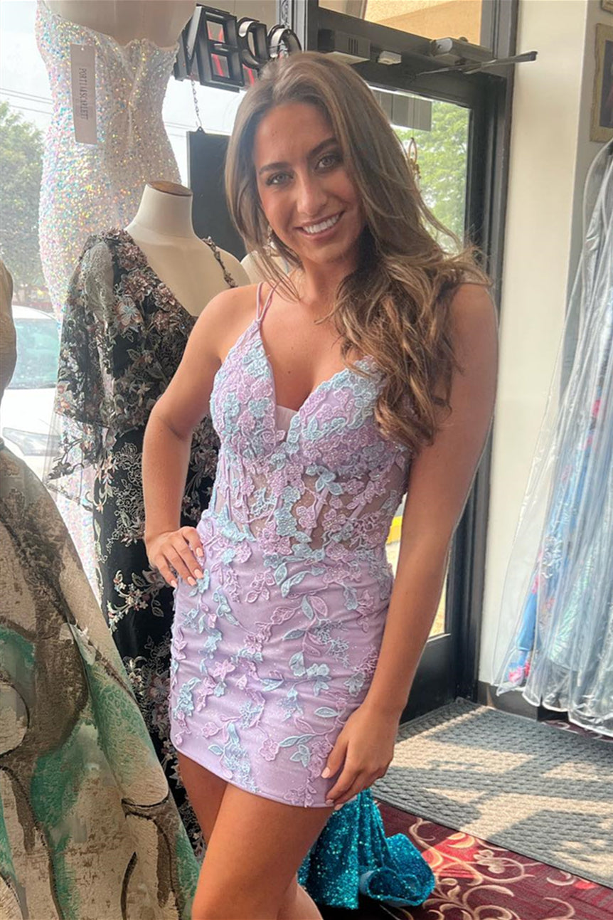 Lilac Sheath Appliques V Neck Double Straps Homecoming Dress