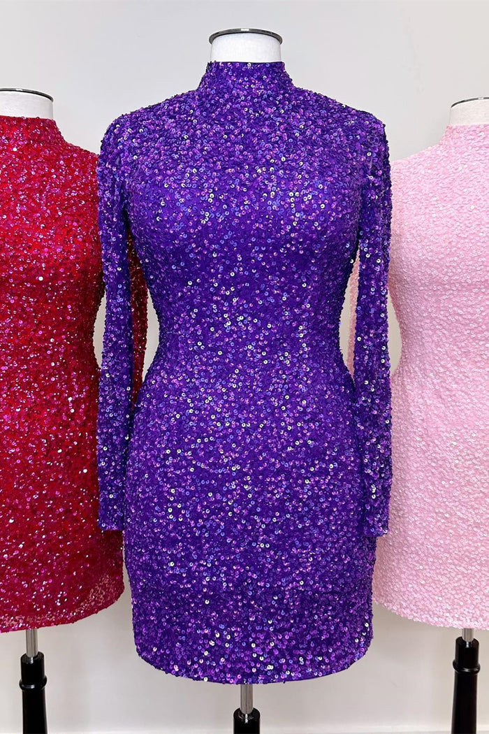Red & Regency & Pink High Neck Long Sleeves Sequins Keyhole Homecoming Dress