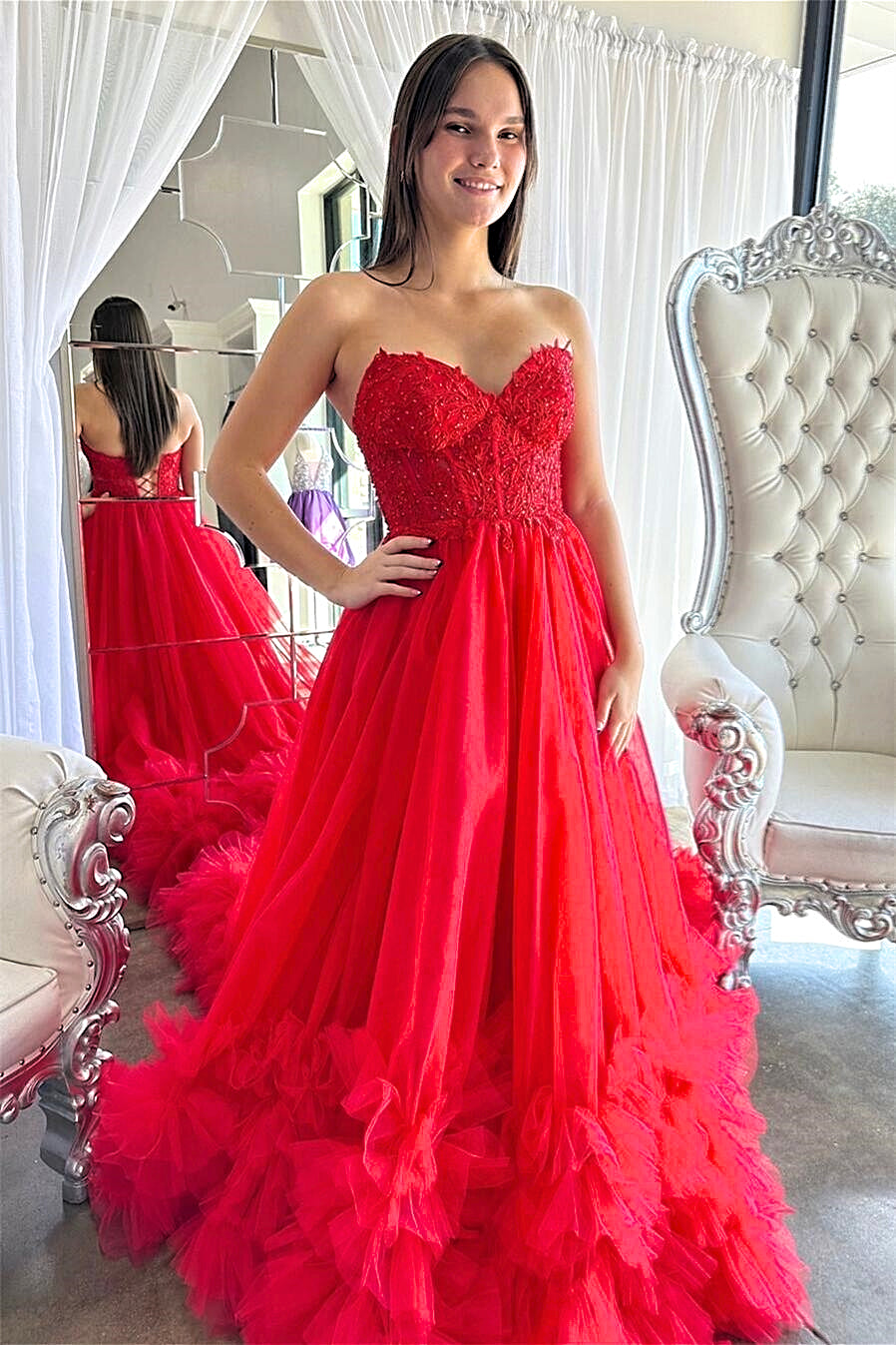 Red Floral Strapless A-line Ruffle Layers Long Prom Dress