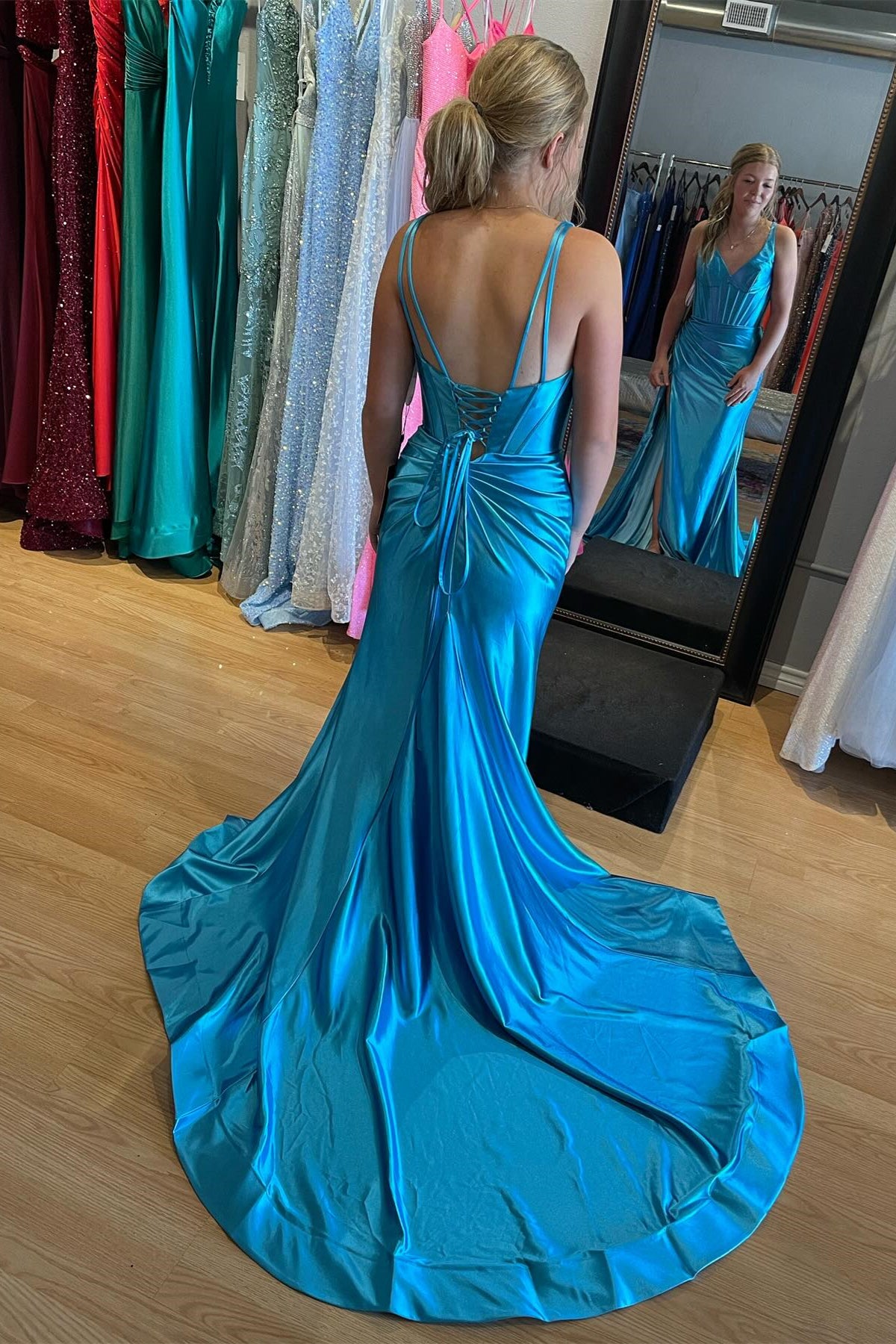 Blue Mermaid Satin V Neck Long Prom Dress with Slit