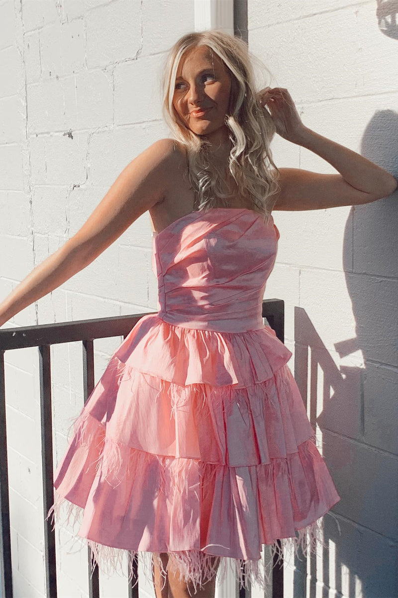 Pink Strapless Satin A-line Multi-Layers Homecoming Dress with Feathers