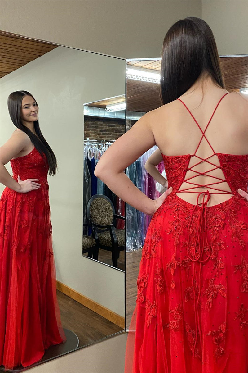 Red Plunging V Neck Floral Appliques Slip Long Prom Dress with Slit
