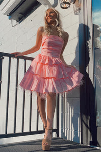 Pink Strapless Satin A-line Multi-Layers Homecoming Dress with Feathers
