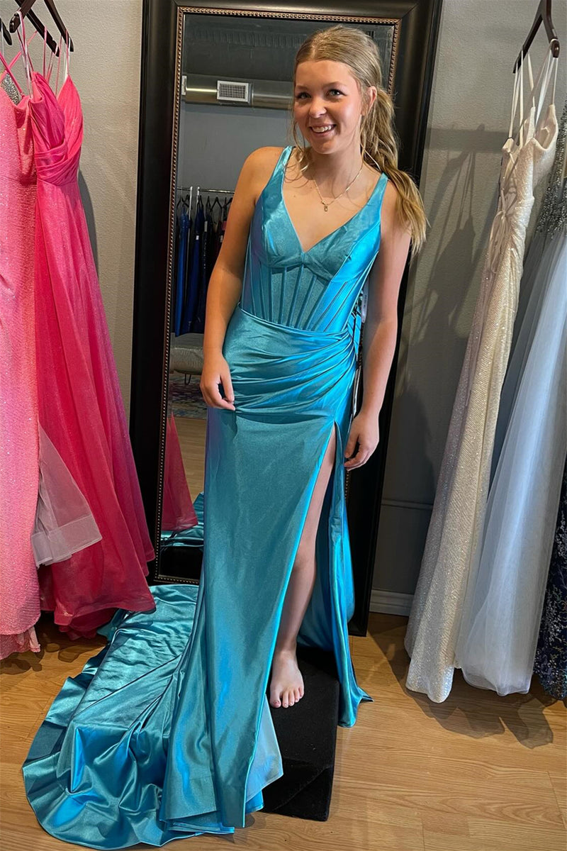 Blue Mermaid Satin V Neck Long Prom Dress with Slit