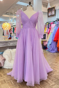 Lavender Tulle V Neck Illusion Neck Pleated Long Prom Dress