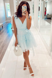 Light Blue V Neck Beaded Multi-Layers Bow Tie A-line Homecoming Dress