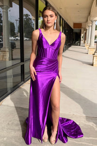 Grape Mermaid Satin V Neck Long Prom Dress with Slit