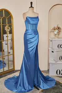 Blue Pleated Strapless Mermaid Satin Long Prom Dress with Slit